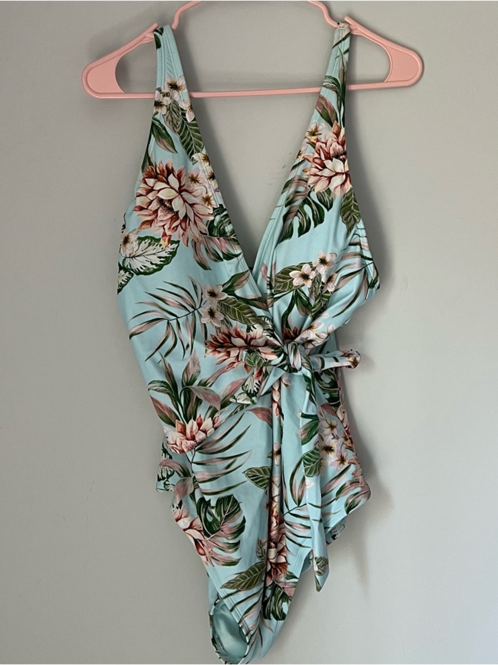 Palisades Beachwear Blue Tropical Print Tie Front V Neck One Piece Swimsuit
